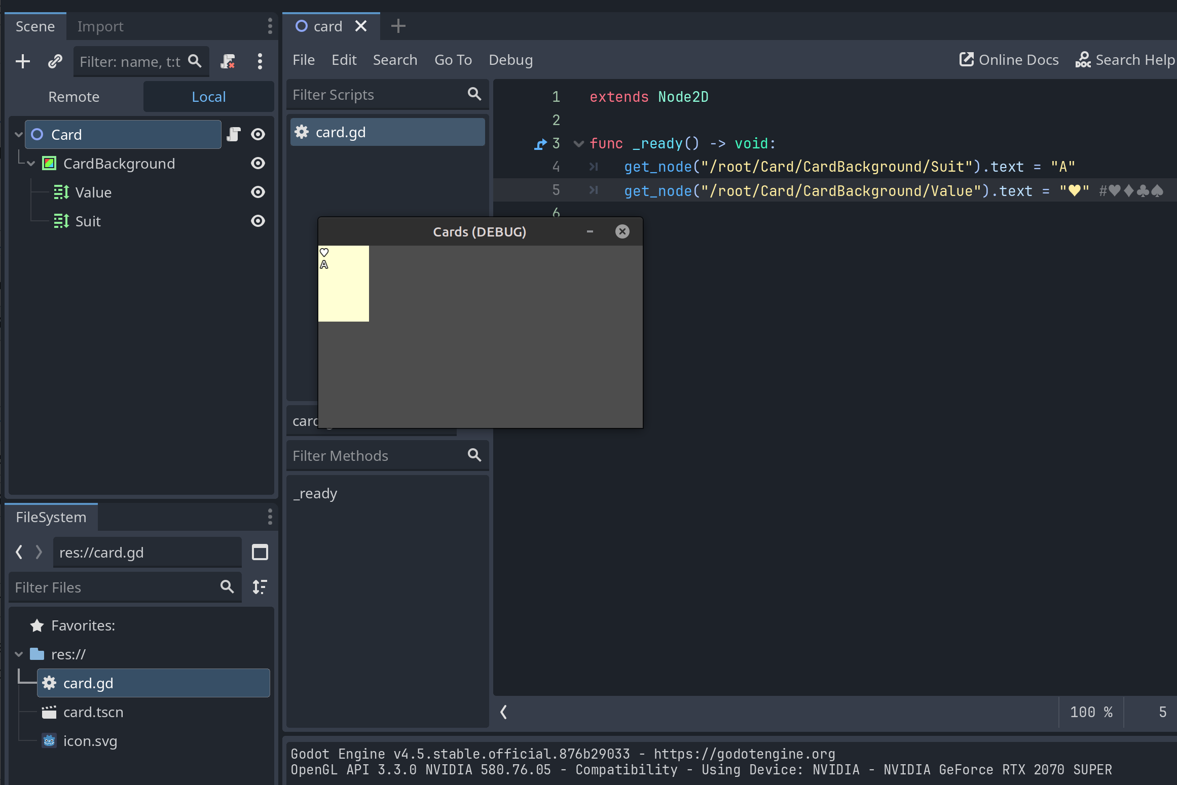 A Godot editor showing a very simple playing card and an editing interface.