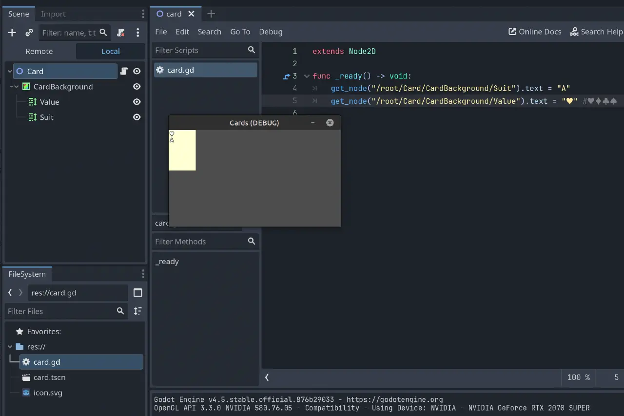 A Godot editor showing a very simple playing card and an editing interface.