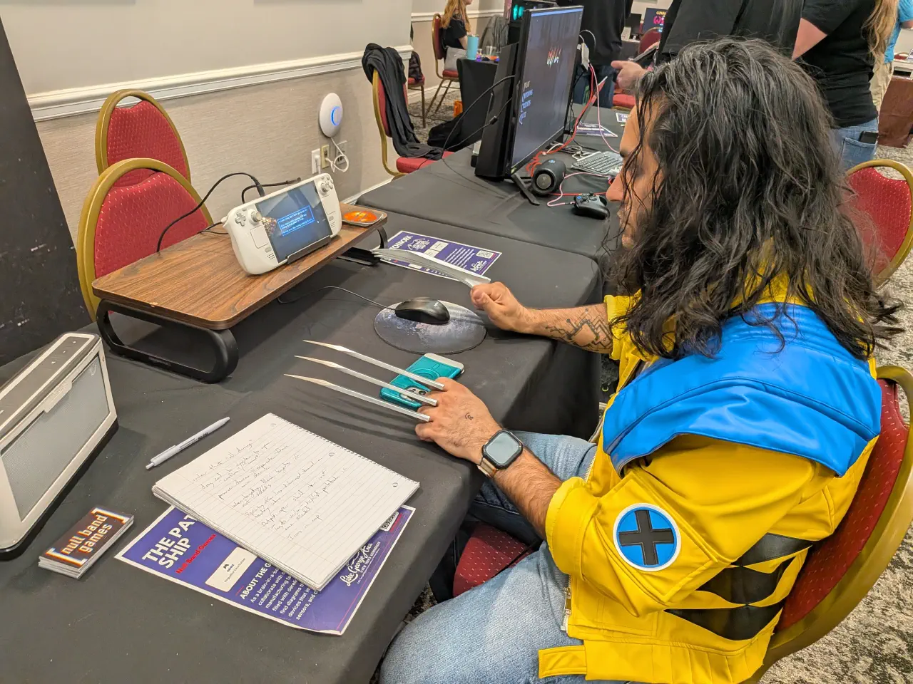 A Wolverine cosplayer playtesting The Patchwork Ship