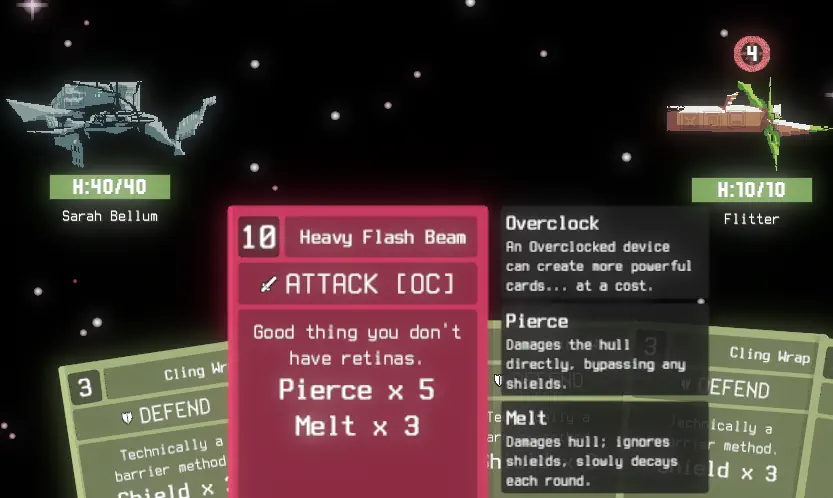 A hand of cards in The Patchwork Ship, including a description of the current card